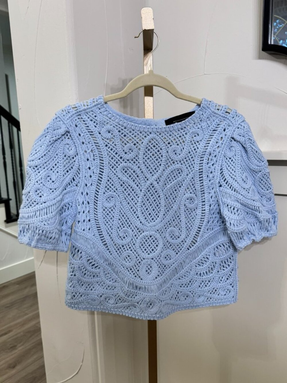 Light Blue WHBM Puff Sleeve Crochet Sweater – Size Small